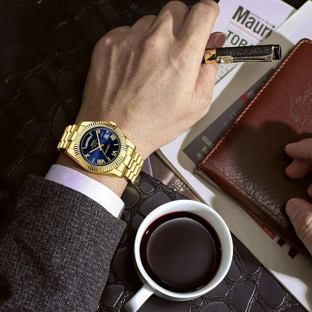 Men's Gold Blue Stainless Steel Analog Classic Design Stylish Wrist Dress Watch